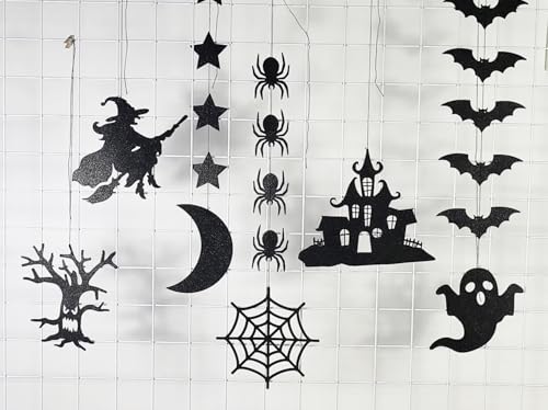 Halloween Hanging Garland Set - Bat Witch Spider Glitter Paper Decorations