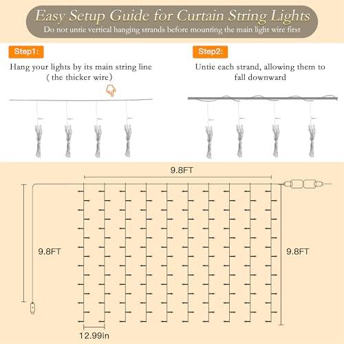 Multicolor LED Curtain String Lights Indoor Waterproof 300LED with Timer & 8 Modes