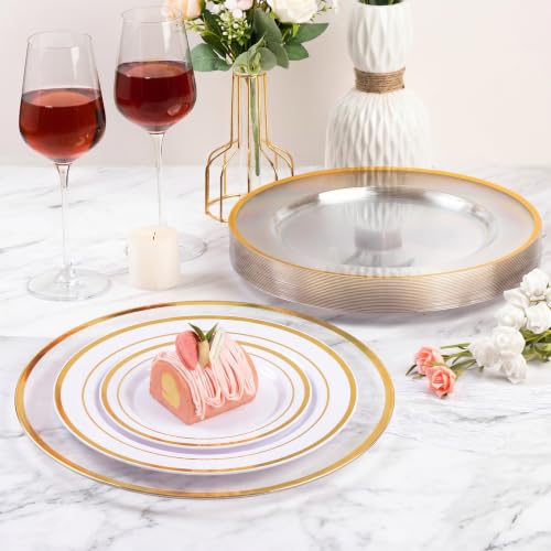 Clear Charger Plates with Gold Rim - 12 Inch Disposable Party Tableware - 100 Pack