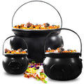 Halloween Plastic Cauldron Set - 3 Large Black Witch Kettles for Candy & Decorations