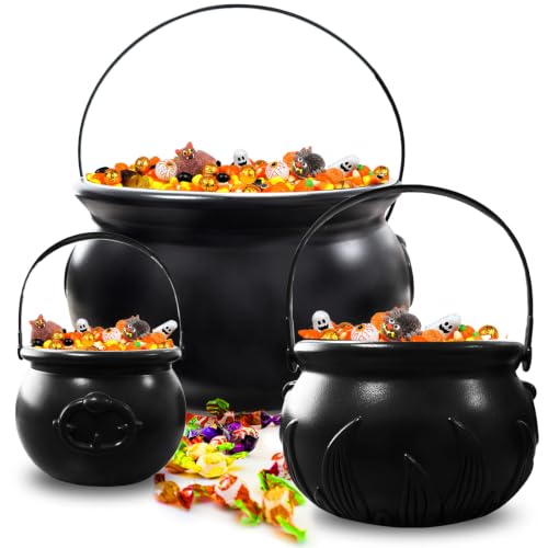 Halloween Plastic Cauldron Set - 3 Large Black Witch Kettles for Candy & Decorations
