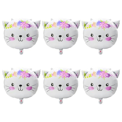Cat Party Balloons Set - White Flower Kitten Foil Balloons for Birthday & Events