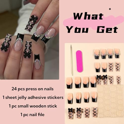 Black Press on Nails Long Coffin Fake Nails with 3D Bow Rhinestones - Style-3