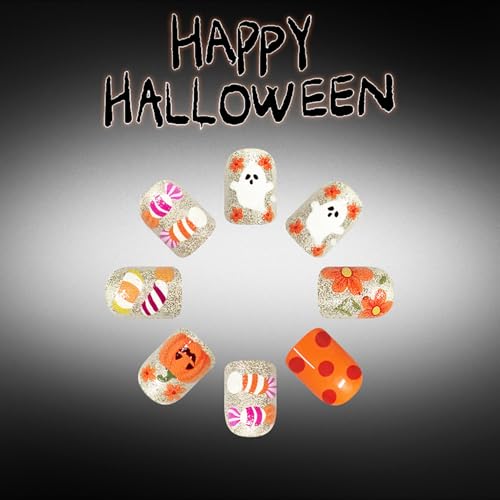 Halloween Press On Nails Short Square Ghost Pumpkin Glitter Set - 8 Pairs