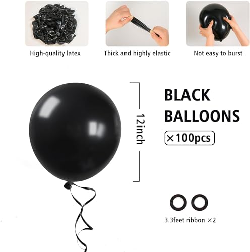 Black Balloon Kit - 100pcs 12 Inch Latex Balloons with Ribbon for Party Decorations