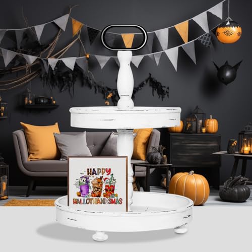Hallothanksmas Wooden Block Sign - Funny Fall & Holiday Home Decor - Rustic Thanksgiving Christmas Decorations - IAXIC