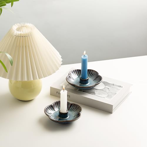 Blue Ceramic Flower Candle Holder - 4.7 Inch Tabletop Tray for Home Decor