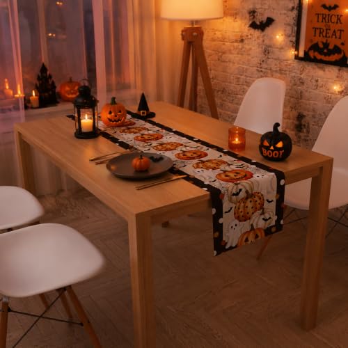 Halloween Ghost Pumpkin Table Runner - Orange White Brown Holiday Decor