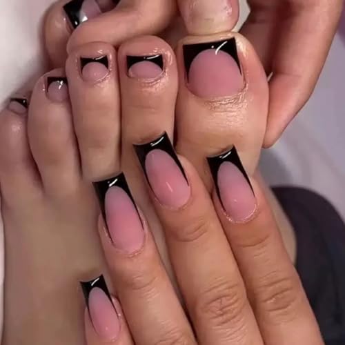 Black French Tip Press On Nails & Toenails Set - Medium Square Fake Nails for Women