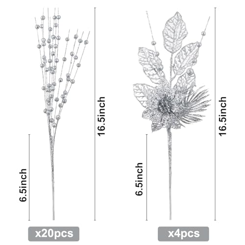 Christmas Tree Ornaments Set - Silver Artificial Flowers & Berry Stems, 24 Pack