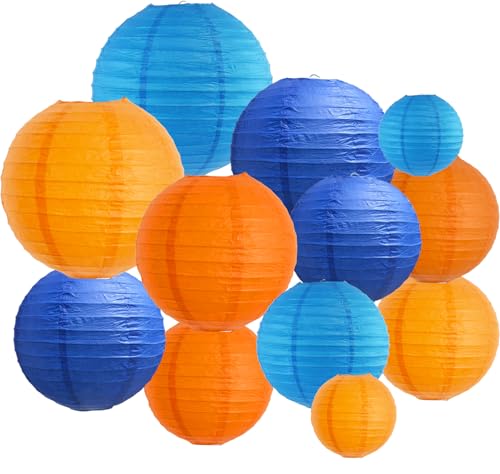 Blue Orange Paper Lanterns Set - 12 pcs Round Chinese Lanterns 4-12 Inch Variation