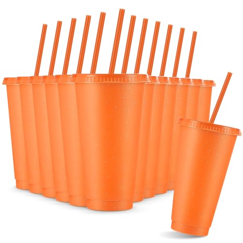 Reusable Glitter Cup with Lid and Straw - Fluorescent Orange, 24 oz, Set of 12