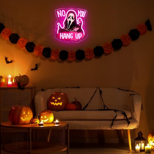 Neon Sign Halloween Ghostface Mask Pink & Black USB Powered Spooky Decor
