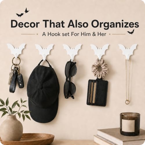 White Bat-Shaped Adhesive Wall Hooks - Set of 8 for Home & Office