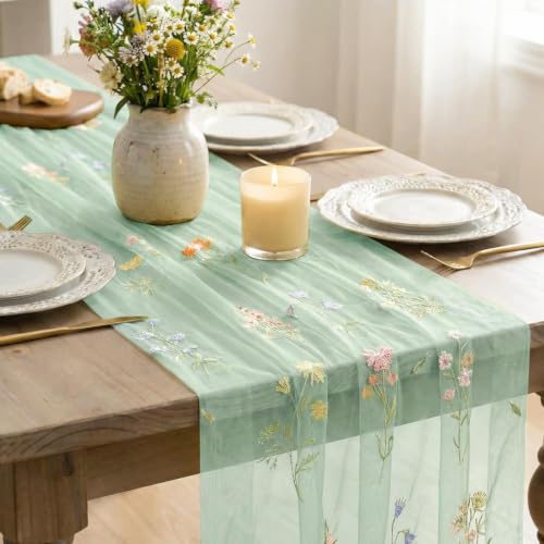6PC Sage Green Floral Embroidery Table Runner Set - 28x120 Inches