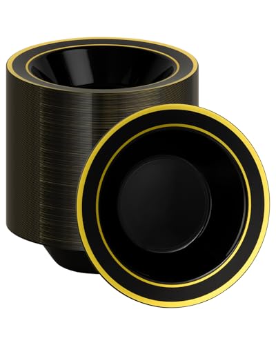 200 Pack Black Disposable Bowls with Gold Rim - Heavy Duty Party & Catering Serveware