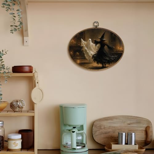 Halloween Ghost Witch Oval Wall Art Canvas Hanging Decor - Dancing1