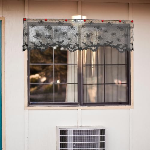 VALICLUD 4pcs Halloween Black Lace Window Curtain with Spider Web Bats - 60 Inch Decor