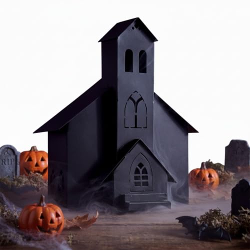 Gothic Haunted House Decor - Metal Village House for Halloween Tabletop - Black & Distressed Finish