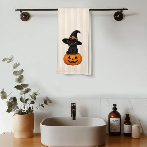 Halloween Witchy Black Cat Pumpkin Kitchen Hand Towels 16x24 Inch - Variation of Black Cat