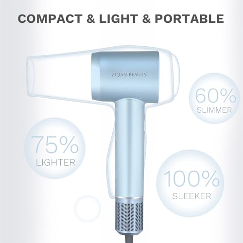 Ionic Hair Dryer with 200 Million Negative Ions, High-Speed Blow Dryer for Women and Men Fast Drying Low Noise Travel Hairdryer (Silver Blue, with Concentrator Nozzle)
