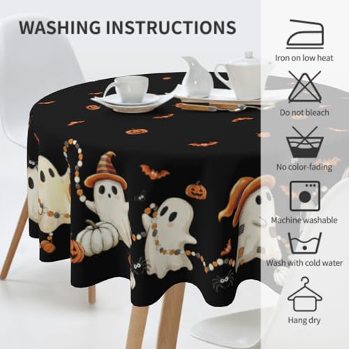 Halloween Round Tablecloth 60 Inch Ghost Jack-o'-Lantern Bats Water-Resistant Fabric - Ghost Variation
