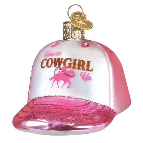 Glass Cowgirl Trucker Cap Ornament for Christmas Tree - Western Holiday Decoration