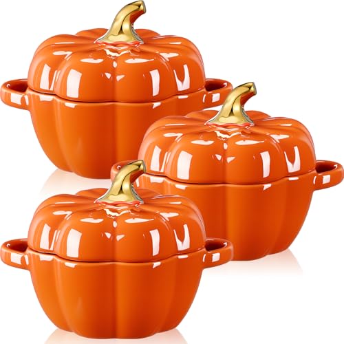 Ceramic Pumpkin Bowls Set of 3 - 15.5 oz Halloween Thanksgiving Decor