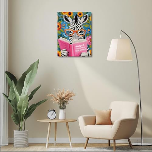Zebra Reading Wall Art Canvas Print - Animal Book Lovers Gift - Variation of Zebra Reading 538