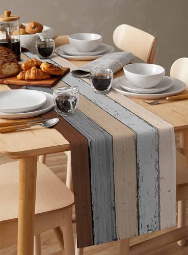 Farmhouse Cotton Linen Table Runner 13x120 Inches Rustic Barn Wood Texture - Brown Grey