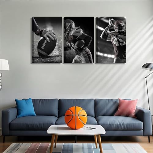 3Pcs Black and White Football Canvas Wall Art - Rugby Sports Decor, 24x16 Inches