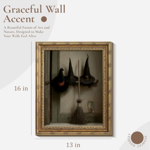 Vintage Halloween Witch Wall Art - Gold Frame, 13x16 Inches with Glass, Variation of Witch Hats Brushed 16"L x 13"W