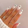 Halloween Press On Nails Glossy Chrome Fake Nails with White Ghost Design - Style 39, Medium Almond Shape, 24 Pcs