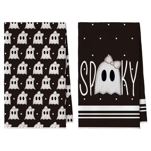 Black Ghost Halloween Kitchen Towels Set of 2 - 18x26 Microfiber Dish Hand Towels