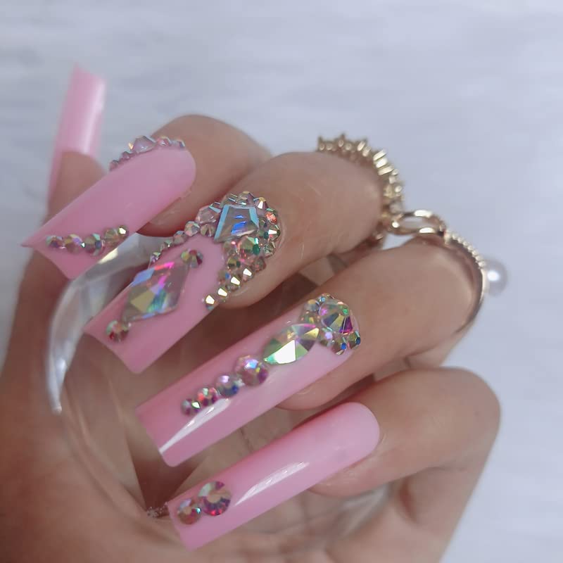Pink Coffin Fake Nails Set - 24pcs Press-On Acrylic Nails, Large Variation