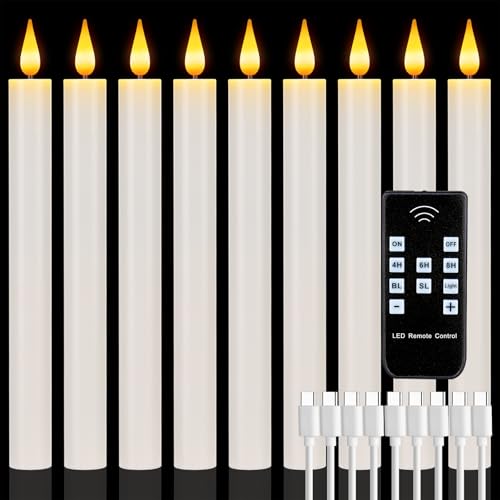 9Pcs Rechargeable Flameless Taper Candles with Remote & Timer - White LED Flickering Candle Sticks for Home Wedding Halloween Christmas Decor