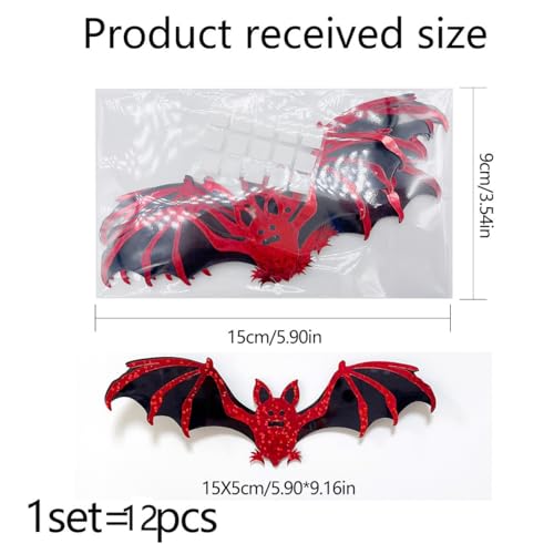 Halloween Bats Wall Stickers - Red & Black 3D Double Layer Decor - Variation: Red Bats - 12 Pcs