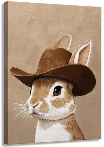 Cowboy Bunny Canvas Wall Art - Neutral Western Nursery Decor, 24x16 inches
