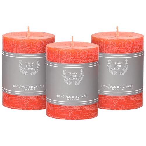 Fall Candles Set of 3 - 3x4 Inch Orange Pillar Candles for Autumn Decor