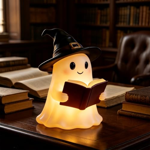 Halloween Ghost Night Light Lamp with Book and Witch Hat - Cozy Home Decor