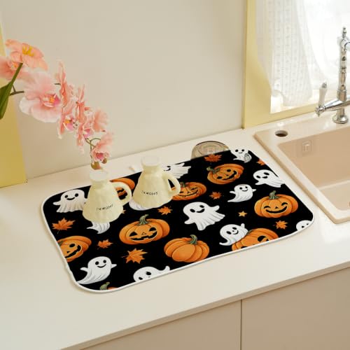 Halloween Dish Drying Mat 18x24 Inch Ghost Pumpkin Black Fall Decor Absorbent Kitchen Pad - Variations Available