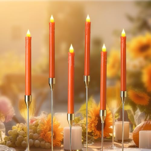 Orange Flameless Taper Candles Set - Real Paraffin Wax Flickering Battery-Operated for Thanksgiving & Fall Decor
