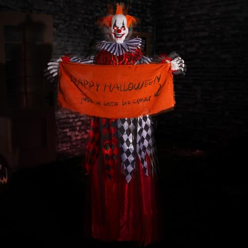 Halloween Hanging Clown Animatronic - 5ft Spooky Floating Prop with Banner, Sound & Light Activation
