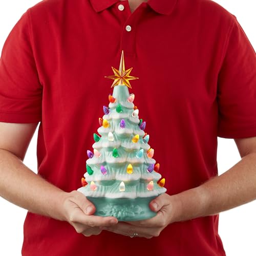 Hand Painted Ceramic Christmas Tree - Seafoam Snow Flocked 12-Inch Pre-Lit Tree with Multi-Color Lights & Star Toppers