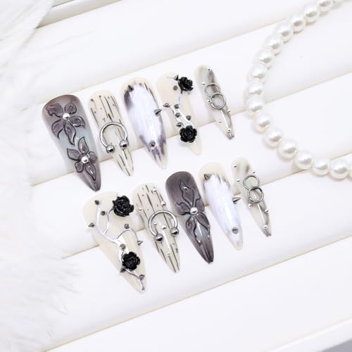 Gothic Handmade Press on Nails - Long Stiletto Black Fake Nails with 3D Rose Rivets - Variation Gothic Nails-7