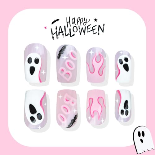 Halloween Press On Nails Medium Square Pink with Ghost Bat Flame - Style11