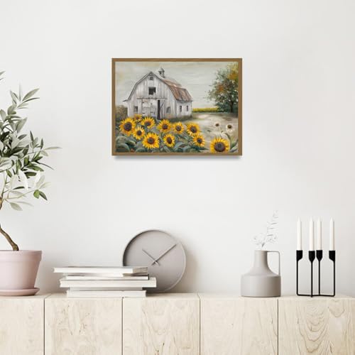 Barn Sunflower Wall Art Canvas - Rustic Farmhouse Decor, 16x12 Inch, Ready to Hang