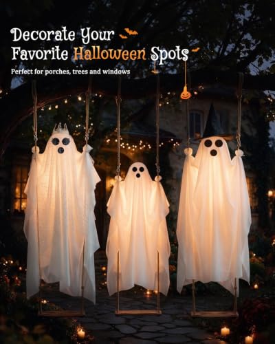 3-Pack Swinging Ghost Halloween Decorations Outdoor - 4.5-7.2 FT Adjustable, Light-Up Ghosts with Swaying Fabric