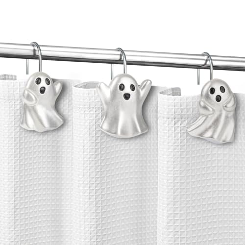 Ghost Shower Curtain Hooks Set - Silver Halloween Bathroom Decor, 12 Pieces