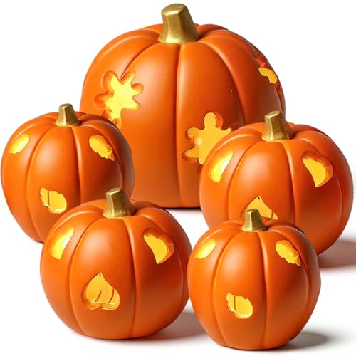 Lighted Pumpkin Decor Set - Orange Halloween Fall Lanterns for Autumn Table Centerpiece - 5 Pack